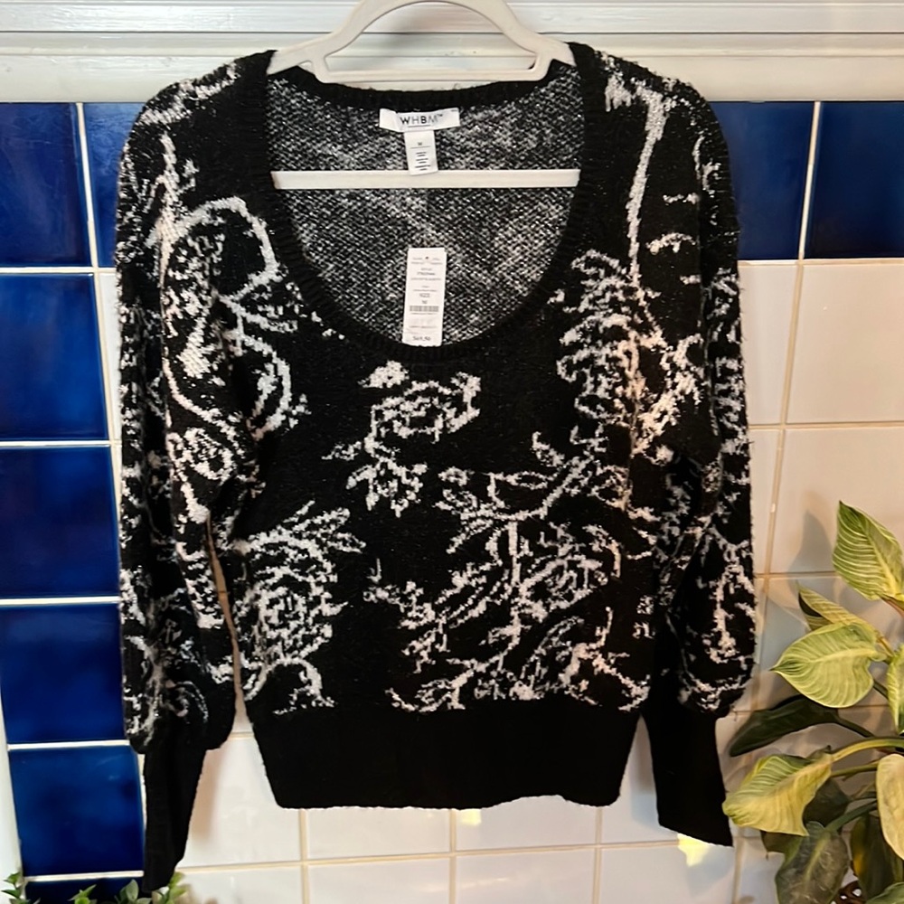 White House Black Market Black and White Scoop Neck Floral Sweater